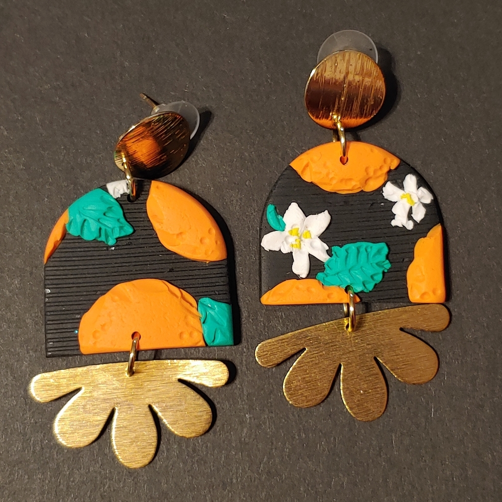 Handmade Polymer Clay Mod Orange Floral Brass Earrings